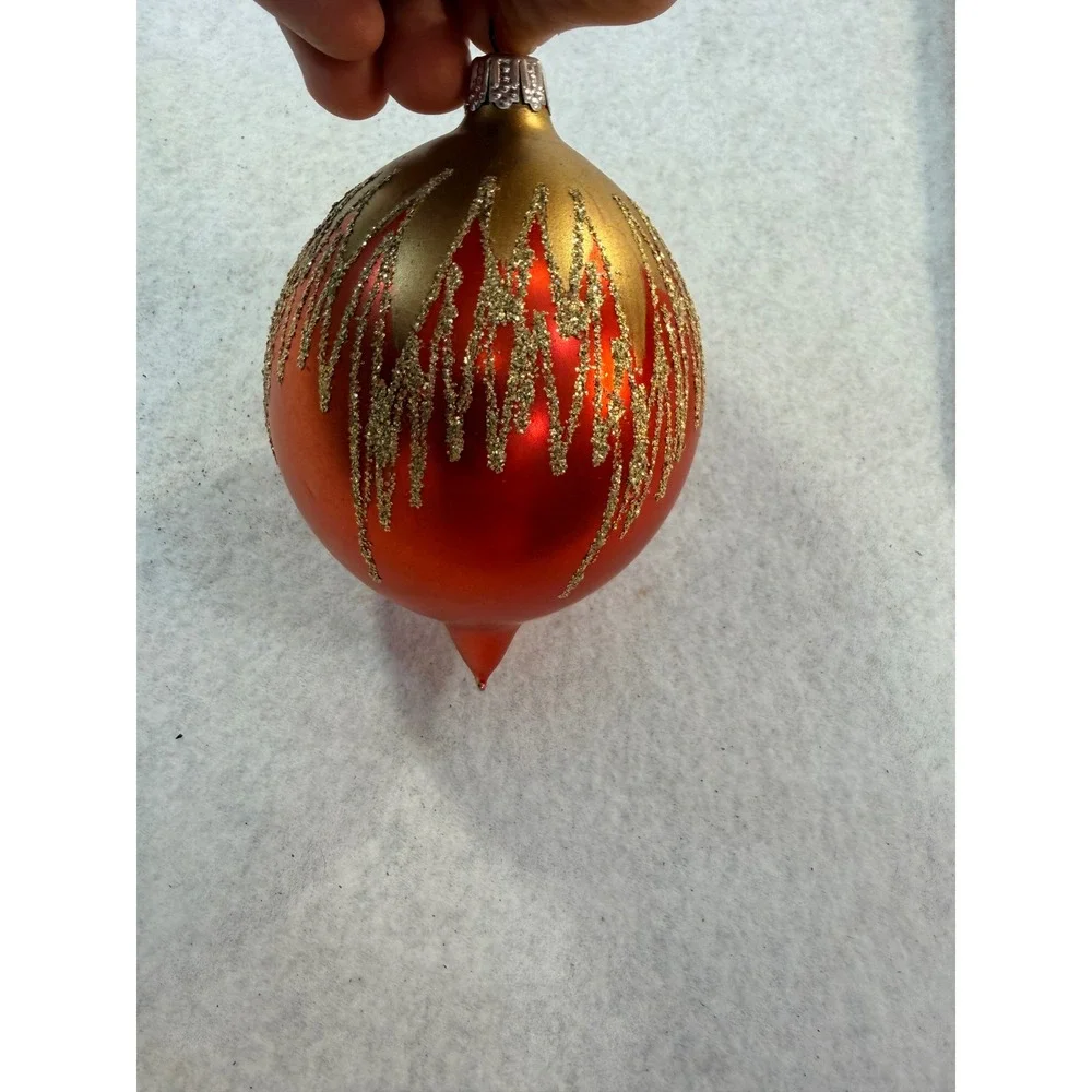 Vintage Style Glass Christmas Ornament Orange Gold Glitter Icicle Teardrop 4.5in